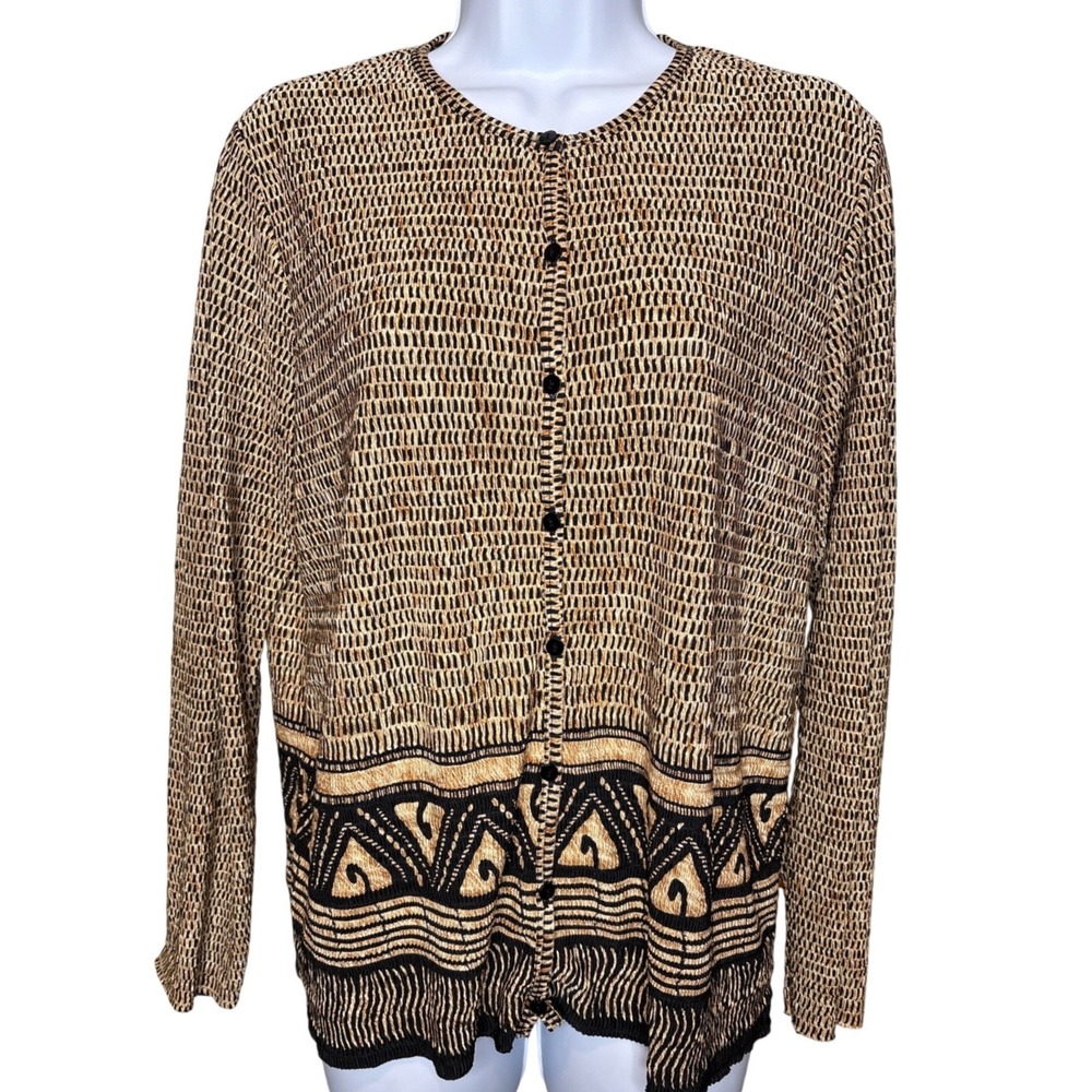 Pleat Pleat by Rafael Womens Tan Black Geometric Buttoned Blouse Sz L Boho Artsy